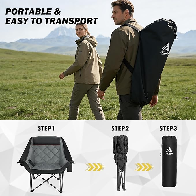 Oversized XL Camping Chair for Adults Heavy Duty | 450LBS Support Padded Folding Lawn Chairs with Side Pocket Cup Holder Cooling Bag for Outdoor Sports Garden Beach Fishing