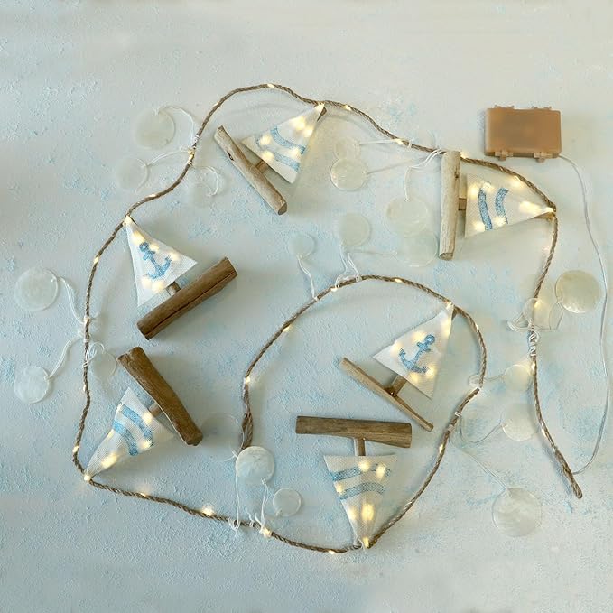Nautical Decor Sailboat Ocean Light with Capiz Wind Chimes - 6.5FT 70LED Beach Garland with Lights Battery Operated with Remote for Coastal Room Beach Decor