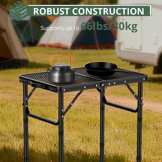 EYPINS 2ft Folding Grill Table with 3 Adjustable Heights Max 27.6''Aluminum Heat-Resistant Cooking Camping TableLightweight Portable Side Table with Handle for Outside Patio BBQBlack 22.8''x15.7''