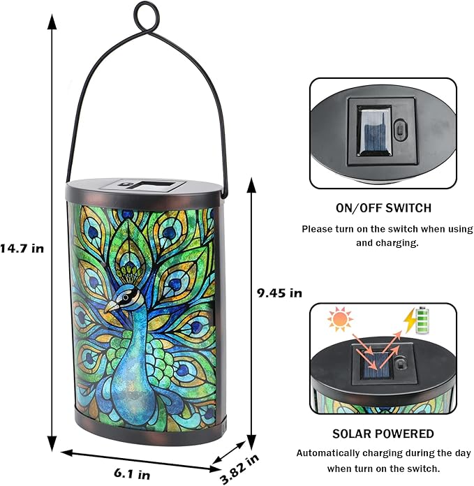 Afirst Solar Lantern Outdoor Hanging Glass Peacock Solar Lights Waterproof Led Lamp for Garden Yard Tree Desk Decor