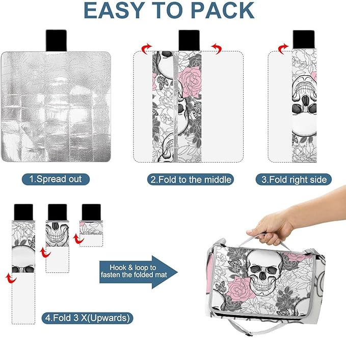 Black and White Gothic Skull Damask Pattern Waterproof Outdoor Picnic Blanket Sandproof Beach Mat for Camping Hiking Grass Travelling
