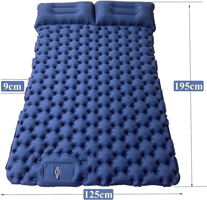 Inflatable Double Camping Mat with Pillow Build-in Foot Pump Ultralight Sleeping Air Pad for 2 Person Portable Sleeping Bed Compact for Camping Hiking Backpacking Outdoor (Blue Double)