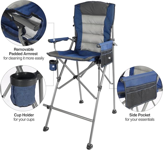 Extra Tall Folding Chairs for Adults 2 Pack Portable Bar Height Foldable Director Chairs for Camping Outside Comfortable with High Back and Footrest Blue