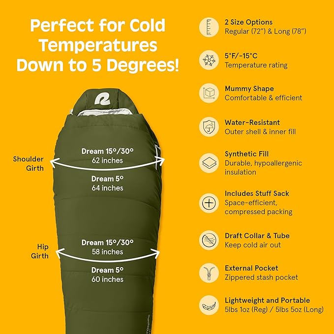 Retrospec Dream Mummy Sleeping Bag - 5 15 &amp 30°F Cold Weather Camping &amp Travel Essential Gear with Water - Resistant Shell &amp Synthetic Fill - Zippered Pocket &amp Stuff Sack