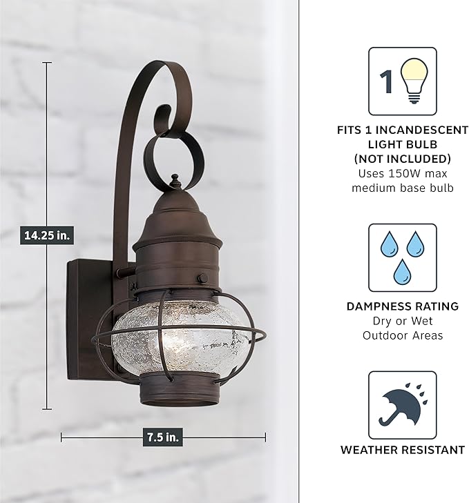 Designers Fountain Nantucket Outdoor Light Fixture 14.25 Inch Exterior Wall Lantern Sconce for Front Door Patio and Porch Rustic 1751-RT