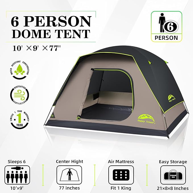 Happy Travel Camping Tent 4/6 Person Dome Tents for Camping with Rainfly Waterproof Clip Easy Setup Portable Family Tent with Mesh Windows 20% More Headroom Backpacking Tents for Camping &amp Hiki