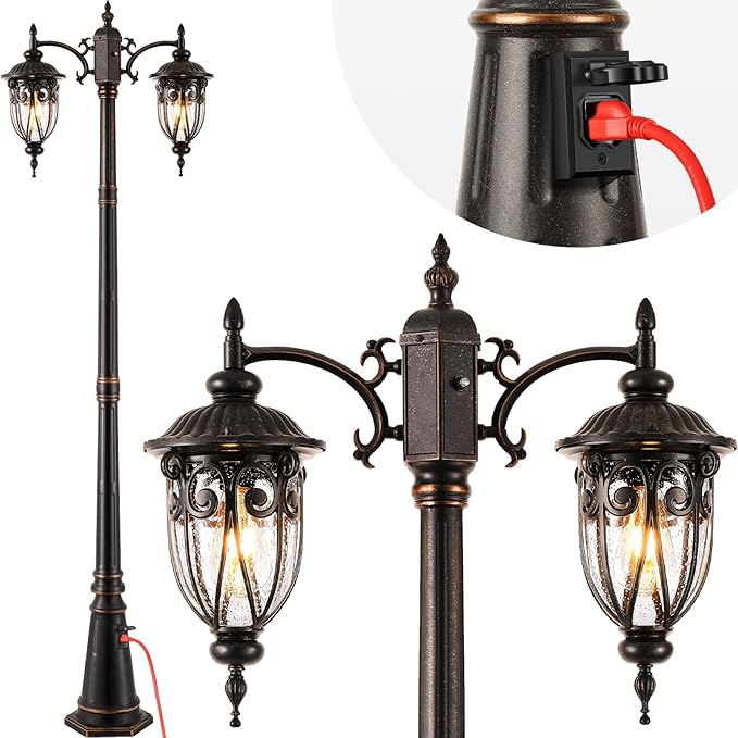 VIANIS Outdoor Lamp Post Light Fixture with Outlet 2-Head Bronze Dusk to Dawn Outdoor Post Lights Aluminum Light Poles for Outside with Seed Glass Street Light for Garden Hardwired