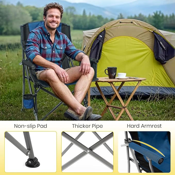 XGEAR Camping Chair with Padded Hard Armrest Sturdy Folding Camp Chair with Cup Holder Storage Pockets Carry Bag Included Support to 400 lbs