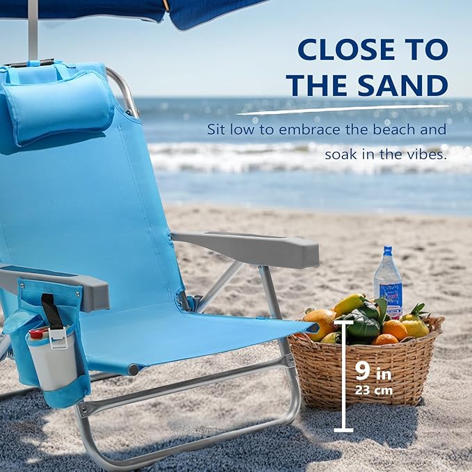 5-Position Aluminum Lay Flat Backpack Beach Chair 2 Pack Compact Portable Low Beach Chairs for Adults Beach Chair with Cooler Pouch Storage Pouch Towel Bar Cup Holder Blue