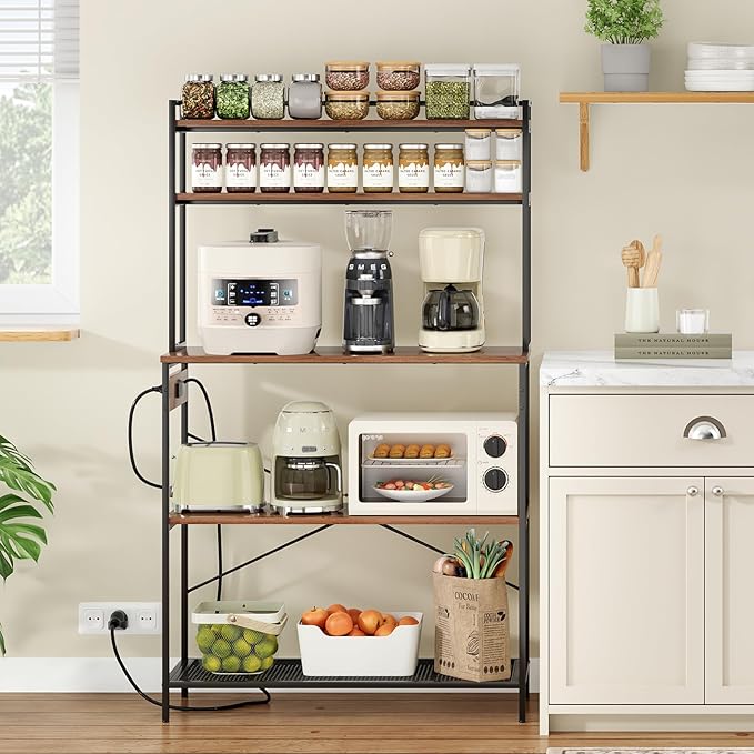 Large 5 Tier Bakers Rack with Electrical Outlets 39 Inch Microwave Stand Coffee Bar Kitchen Storage Shelf for Home Counter Space Organizer