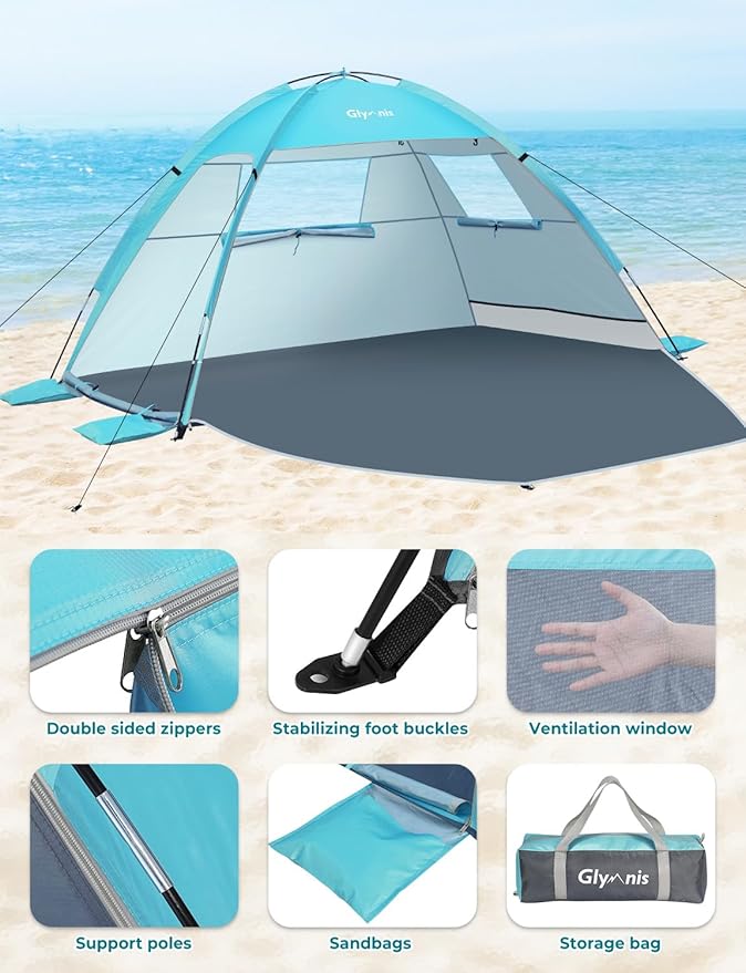 Glymnis Beach Tent Sun Shelter for 3 Person with UPF 50+ UV Protection Lightweight &amp Easy Setup Beach Shade Canopy with Vent Windows &amp Zippered Door - Blue