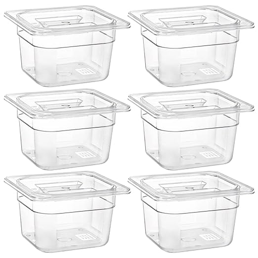 Bekith 6 Pack 1/6 Size Clear Polycarbonate Food Pans with Lids for Kitchen Restaurant Food Prep 4 Inches Deep