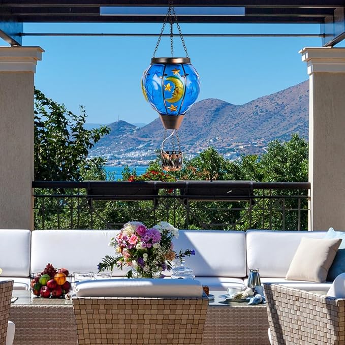 Moon Pattern Hot Air Balloon Solar Lantern with Flickering Flame  Hanging Outdoor Lantern Light Glass Waterproof Decor for Patio Porch Garden