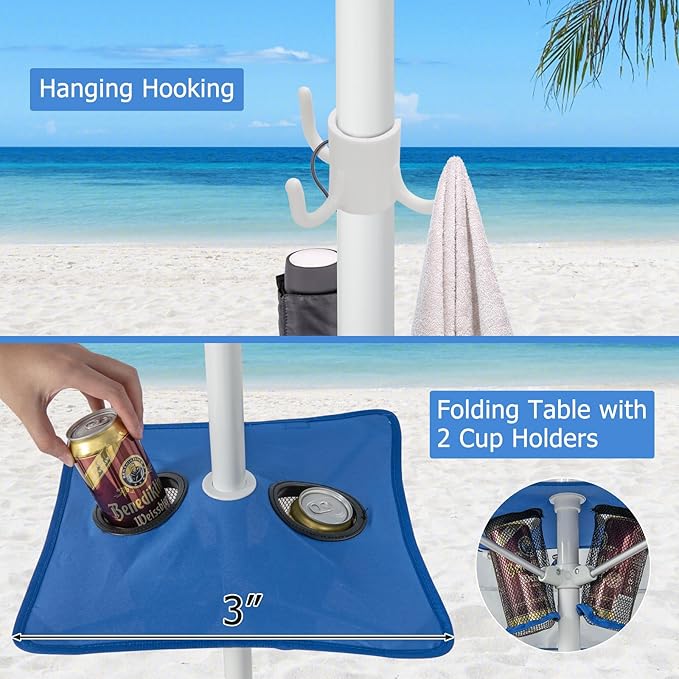 Tangkula 6.6x6.6 Ft Beach Cabana Portable Beach Canopy with Detachable Sidewall 5 Sandbags 2 Cup Holders Sand Anchor UPF 50+ Sun-Protection Outdoor Beach Umbrella Shelter with Carrying Bag