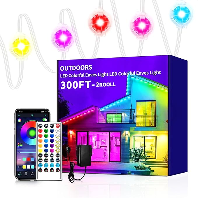 300ft Permanent Outdoor LightsRGB Eave LightsMusic Sync IP67 Waterproof Outdoor Eave Light Lighting can be Used for GardenHousePartyHoliday Decoration（2 Rolls of 150ft