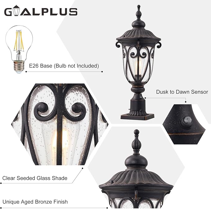 24 Inch High Outdoor Post Light Fixture with Dusk to Dawn Sensor Bronze Post Lantern with Pier Mount Exterior Pole Lighting with Seeded Glass for Yard Garden Patio and Pathway LMMS0519-M