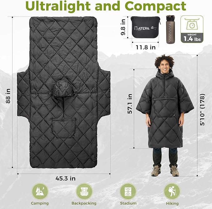 ATEPA Wearable Sleeping Bag Recycled Warm Winter Camping Blanket Wearable Poncho for Outdoor Stadium Sports Women Men