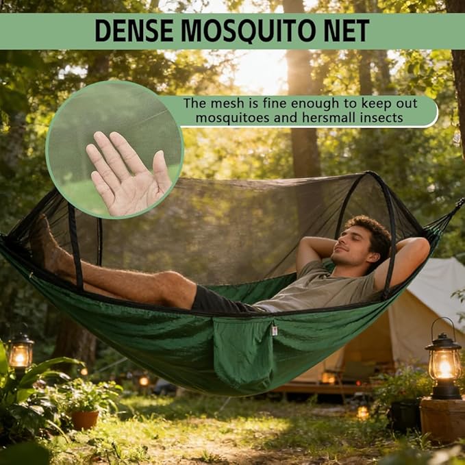 Camping Hammock with Mosquito Net - Double &amp Single Portable Hammocks with 2 Tree Straps Lightweight Hammock Tent for Outdoor Camping Hiking Backpacking Beach &amp Backyard (Dark Green)