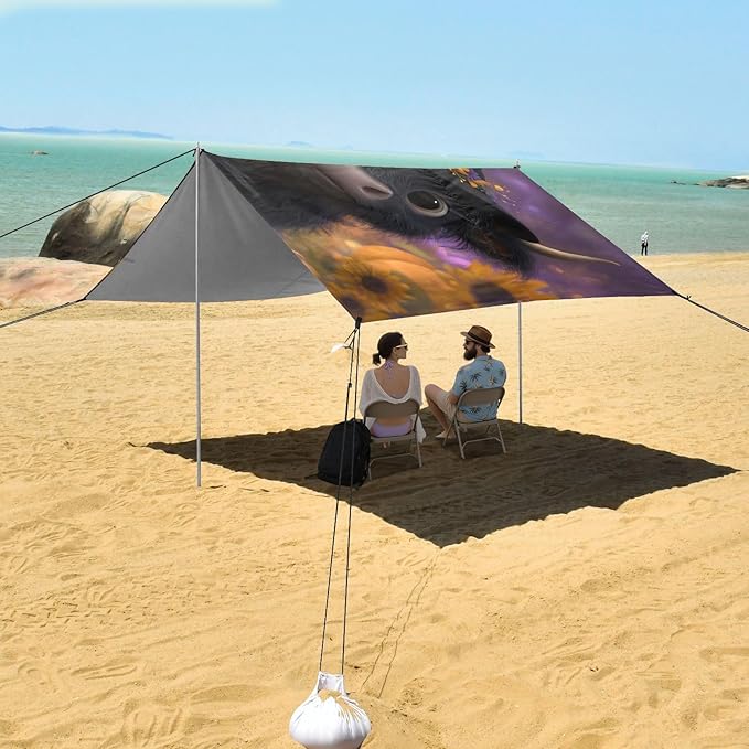 ALAZA Highland Cow Sunflower Halloween Beach Tent Sun Shelter UPF50+ Protection Beach Shade Canopy w/ 4 Sandbags for Outdoor Camping Fishing Backyard Fun Picnic 10x9 ft