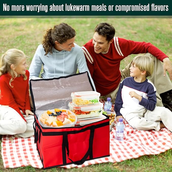 Insulated Food Delivery Bag XXXL Commercial Food Warmer Bag for Hot and Cold Catering Delivery Insulated Reusable Grocery Bags (4 Pack Red)