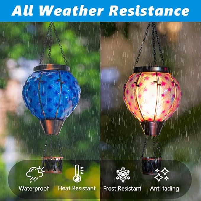 Solar Hot Air Balloon Lantern with FlameGlass Solar Hanging Lights Outdoor WaterproofHot Air Balloon Solar Blue Star Lamp Decorative for Lawn Porch Tree Yard