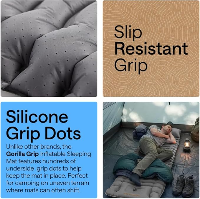 GORILLA GRIP Slip-Resistant Inflatable Sleeping Pad Puncture Resistant Lightweight Camping Mattress Foot Pump Air Mats for Travel Backpacking Inflating Bed Camp Sleep Pads for Tent Gray