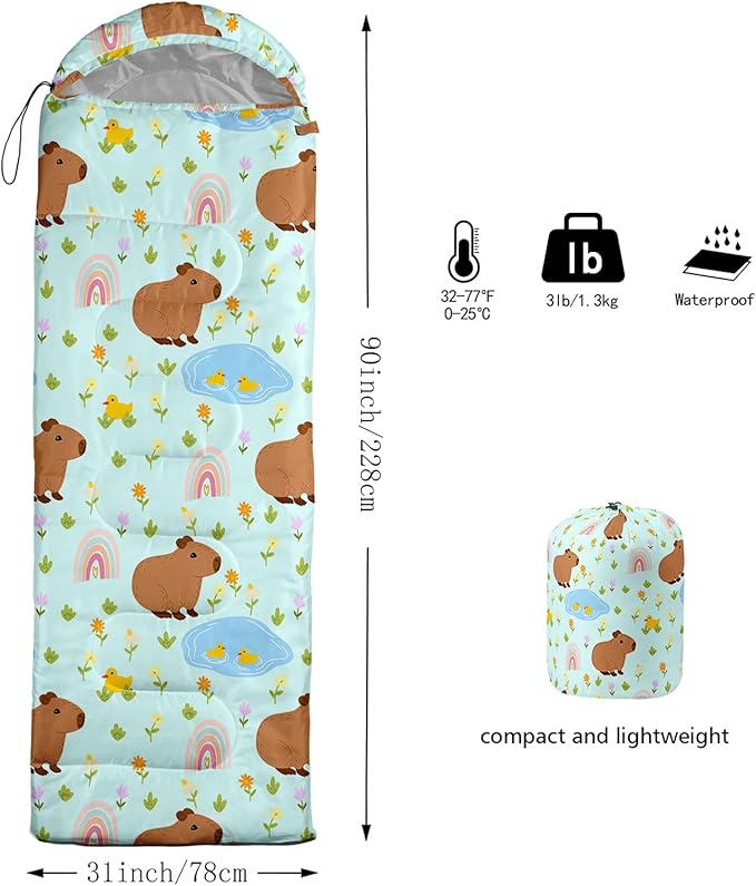 Kawaii Capybara Sleeping BagRainbow Duck Floral Compact Waterproof Camping Bag for Kids Girls BoysCute Cartoon Capibara Warm Backpacking for Traveling Outdoor Hiking Camping Gear Equipment