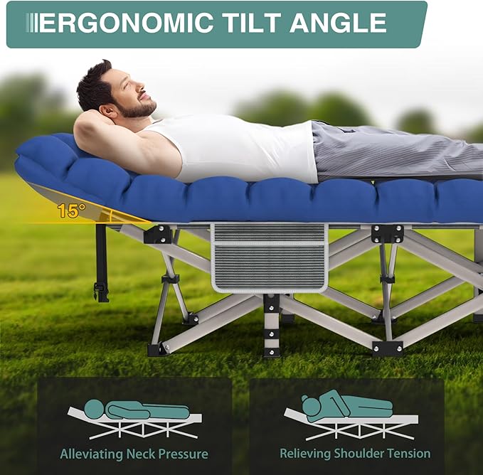 Seeutek Folding Camping Cot for Adults with Carry Bag Portable Bed with Detachable Cushion Waterproof 1200D Oxford Fabric Cot Bed for Camping Hunting Lounging Camping Cots Gray Cot &amp Blue P