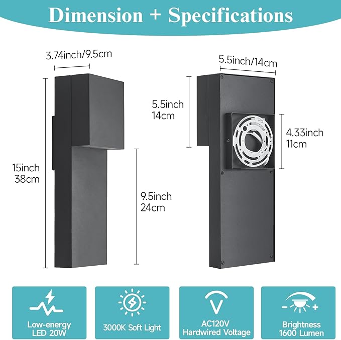 15 Modern LED Outdoor Wall Sconce 20W 3000K 1600Lumen Outdoor Light Fixtures Wall Mount Anti-Rust Outside Lights Black Finish Outdoor Lights for House Porch Patio Garage