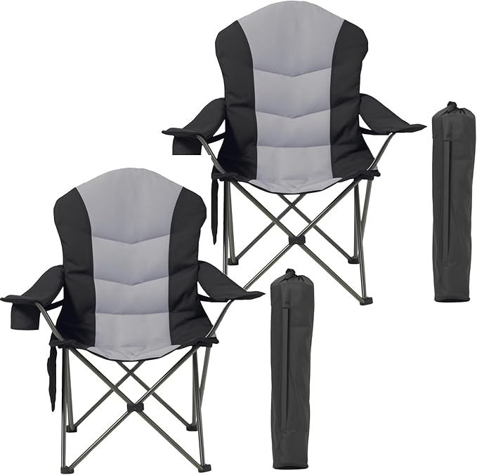 Oversized Camping Chair Heavy Duty- Portable Folding Chair Cup Holder &amp Waterproof Phone Case for Adults Beach Hiking Backyard (Black &amp Light Gray 2 PCS)