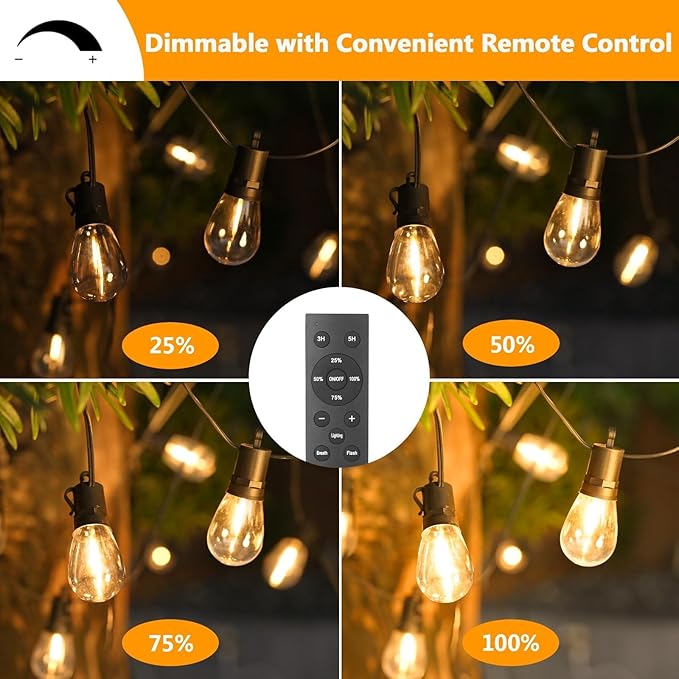 LED Outdoor String Lights 150FT Waterproof Patio Light with Remote &amp 48 Shatterproof Dimmable S14 Edison Bulbs(3 Spare) 3 Modes 2 Timer Outside Garden Lighting for Balcony Porch Party Christm