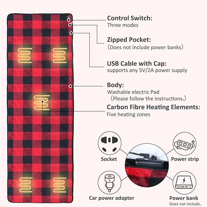 tuphen Heated Sleeping Bag Pad - 3 Adjustable Temperature Levels with 5 Heating Zones Multi USB Power Supported Electric Sleeping Bag Liner Heater for Cold Weather Camping Backpacking or Hiking
