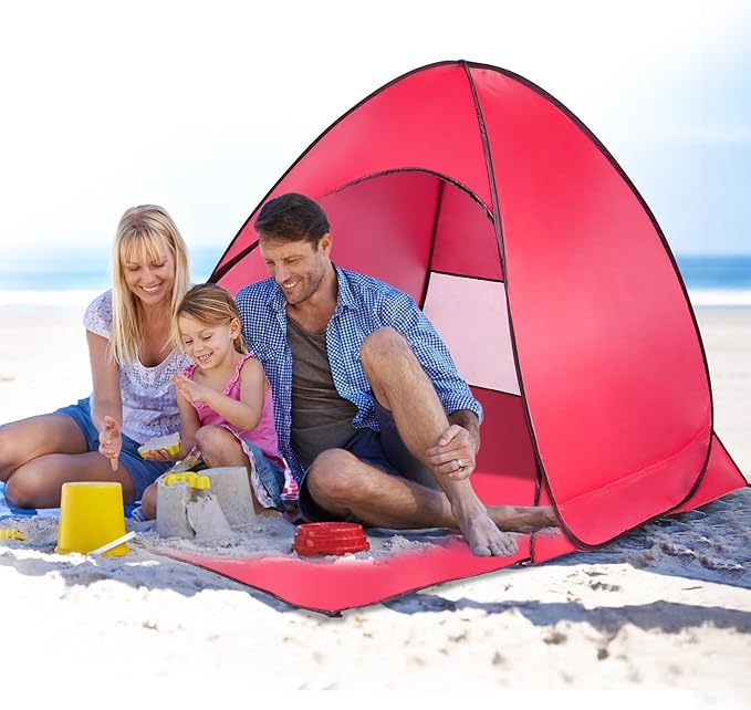 Pop Up Beach Tent Sun Shade Shelter Anti-UV Automatic Beach Tent Canopy for 2-3 People with Net Window Carry Bag for Park Camping (Red)