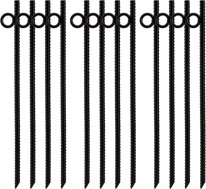 ZOOFOX 12 Pack 17 Inch Black Ground Anchor Heavy Duty Steel Rebar Stakes with Loop Reusable Tent Stakes for Outdoor Camping