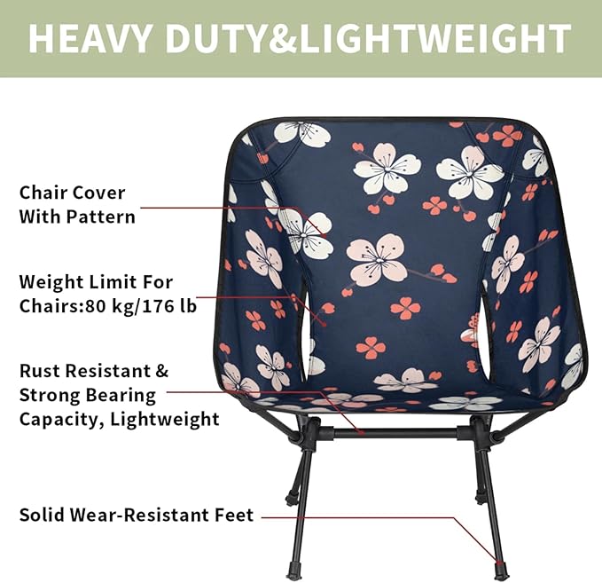 Honeybaby Folding Camping Chair Flowers Printed Camping Chairs Lightweight Portable Chair Outdoor Foldable Chairs for Camping Travel Picnic Beach Hiking