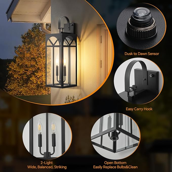 Dusk to Dawn Outdoor Wall Lighting 2 Packs 18 Large Exterior Matte Black Outdoor Sconce Lights Industrial Porch Wall Lantern Waterproof Modern Outdoor Light Lamp Fixture for Patio Entryway