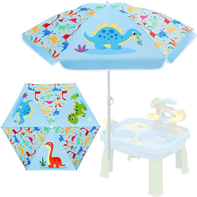 Sweetude Water Table Umbrella (Table Not Included) Kids Seaside Beach Umbrella Picnic Canopy for Summer Toddlers Sand Beach Camping Garden Outdoor Pool Shade Party Supply(Dinosaur Theme)