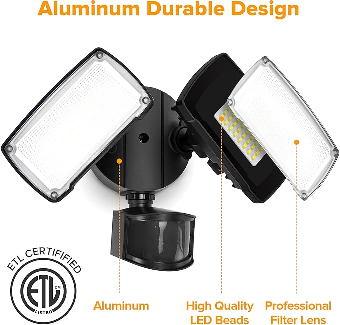 LUTEC 38W 3500 Lumen LED Motion Activated Integrated Dual-Head Floodlight Outdoor with Motion Sensor 5000K Daylight Dusk to Dawn Exterior Security Wall Light for Patio Garden Yard(Black)