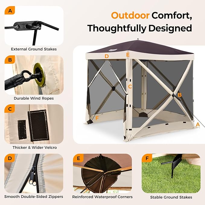 Tecoom 6x6ft Pop Up Gazebo Tent 4-Sided Canopy Shelter Tent with Mesh Windows for Camping Portable Large Shade Tents with Siedwalls Carrying Bag and Stakes for Outdoor Garden Lawn and Backyard