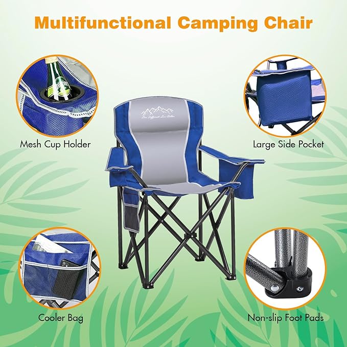 Folding Camping Chair Portable Outdoor Heavy Duty Padded Chairs Lawn Chair with Cup Holder Storage Pocket and Cooler Bag Supports 480LBS Blue