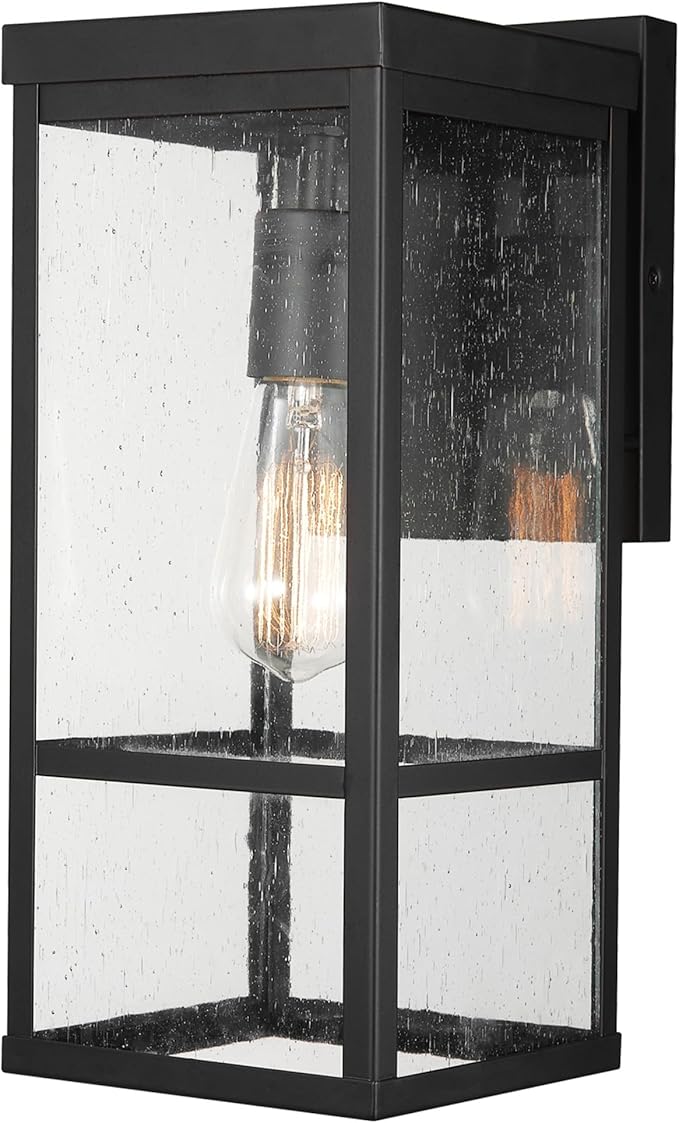 GLOBE Electric 44802 1-Light Outdoor Wall Sconce Matte Black Seeded Glass Shade Weather Resistant Exterior Wall Light Front or Back Porch Lights Patio Lighting Indoor Compatible