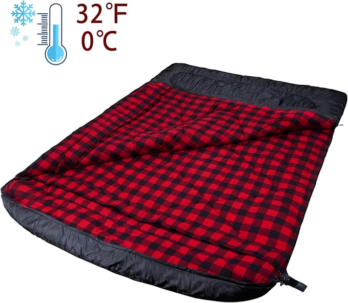 AGEMORE Cotton Flannel Double Sleeping Bags for Adults Cold Weather Waterproof Queen Size Sleeping Bag 2 Person Double Wide Warm Sleeping Bag for Family or Couples Outdoor Camping or RV Traveling
