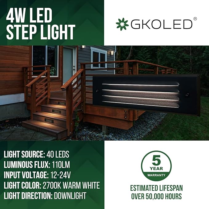 GKOLED Low Voltage LED Step Lights 4W 12V Surface Mount Light with Horizontal Louvered Faceplate Steps Decks Pathway Stairs 2700K IP65 Die-cast Aluminum Black Powder Coated Finish 2 Pack