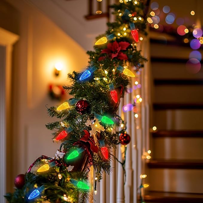 50LED C6 Christmas Lights Battery Operated 16.4FT C6 Christmas Lights Battery Powered with Timer 8 Modes Waterproof for Outdoor Garden Patio Indoor Xmas Tree Bedroom Party Multi-Color