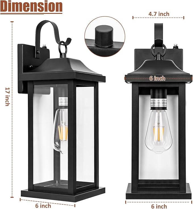 Dusk to Dawn Large Outdoor Wall Light 17 Inch Exterior Light Fixture Porch Light with Tempered Clear Glass IP65 Waterproof Anti-Rust Outside Wall Sconce Matte Black Wall Lantern 1-Pack