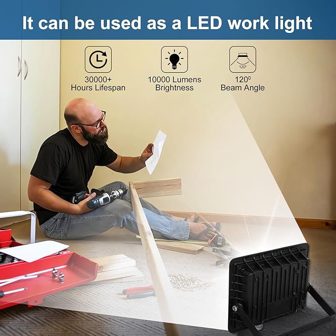 LED Flood Light Outdoor100W LED Work Light with ON/Off Switch Plug in Security Lights IP66 Waterproof 6500K 2Pack Portable Exteriores Floodlights for Yard Garage Stadium Garden Patio