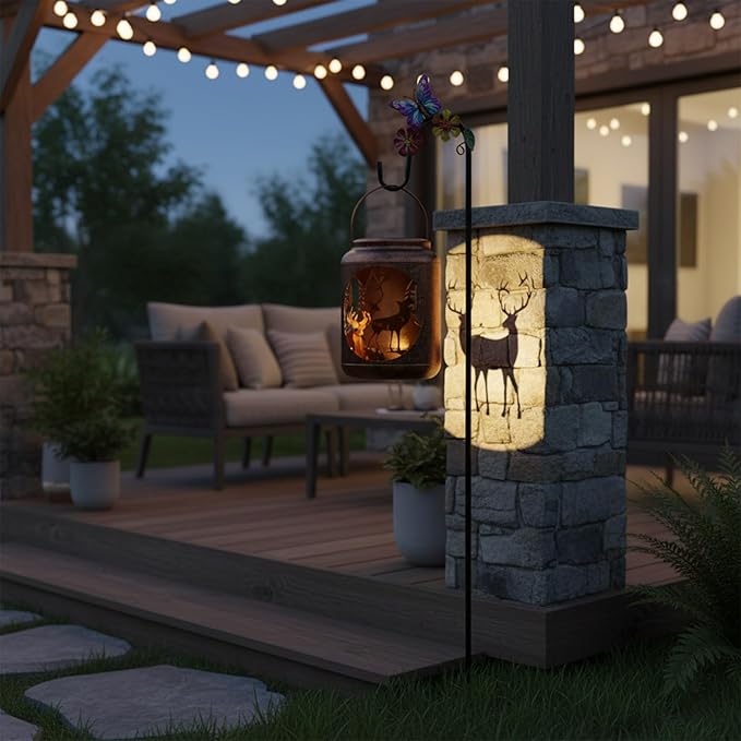 Metal Solar Lantern with Deer Patterns &amp Resin Deer Statue InsideOutdoor Lanterns with Shepherds Hook Gifts for Women Mom GrandmaOutside Haning Decor for Yard Garden Patio Backyard Porch