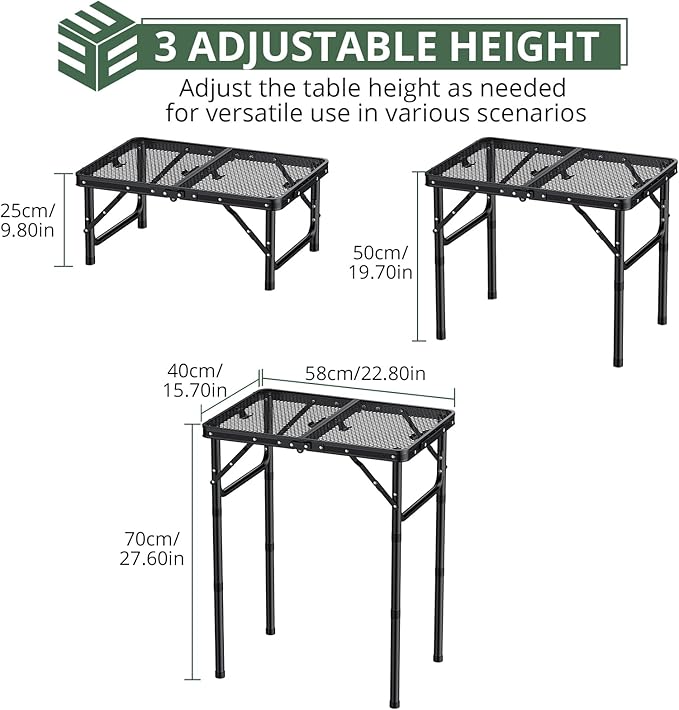 EYPINS 2ft Folding Grill Table with 3 Adjustable Heights Max 27.6''Aluminum Heat-Resistant Cooking Camping TableLightweight Portable Side Table with Handle for Outside Patio BBQBlack 22.8''x15.7''