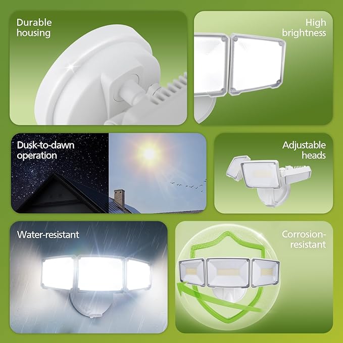 Philips 72W 7400LM LED Flood Lights Outdoor Dusk to Dawn Aluminum Security Lights 3 Adjustable Heads Wall Mount 5000K Daylight Waterproof for Yard Garage