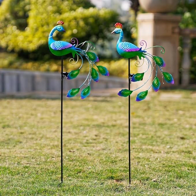 DREAMSOUL 2 Pack Metal Peacock Solar Lights Outdoor Waterproof LED Solar Lights Decorative Garden Stakes for Yard Pathway Peacock Decor
